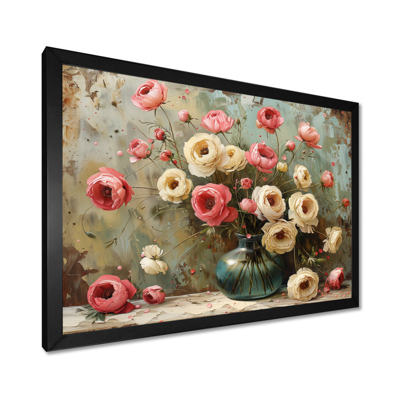 Rose et blanc, charme de ferme, Renoncule II - Renoncule, art mural, Cadre flottant brun, H 12 po x l 20 po