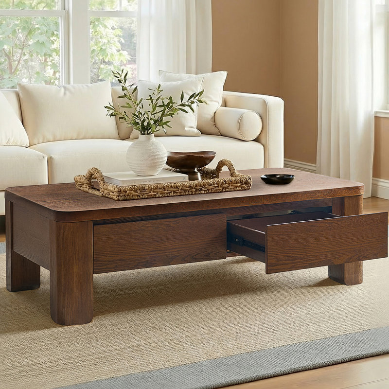 Waynesville Inkwell 55.1"W Modern Farmhouse Oak Drawer Storage Coffee Table With Solid Wood Legs, Walnut