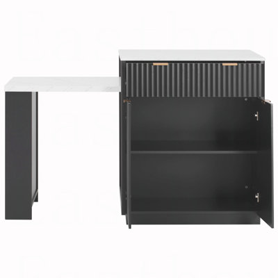 82.6" Fluted Kitchen Island with Extendable Dining Table for 4-6, Island Table for Kitchen with Power Outlet, Kitchen Table with Double-Side Storage, 2 Drawers 2 Side Open Shelves, Black
