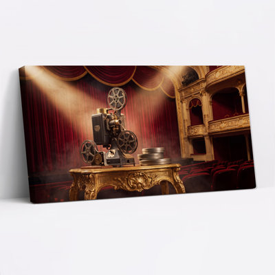 Vintage Film Projector On Gold Table In Theater Canvas Wall Art