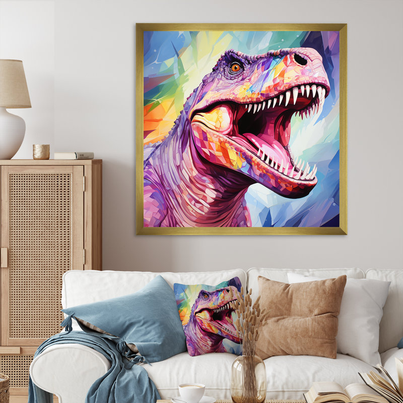 Cubiste coloré Trex Dino III - art de mur de dinosaure, Encadrement doré, 36" H x 36" W