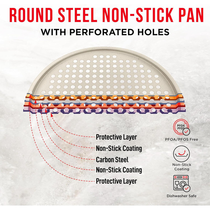 Ensemble de 1 casseroles à pizza Bakken - Acier au carbone perforé rond avec revêtement antiadhésif en marbre, poignée en silicone blanc, durable et facile à nettoyer
