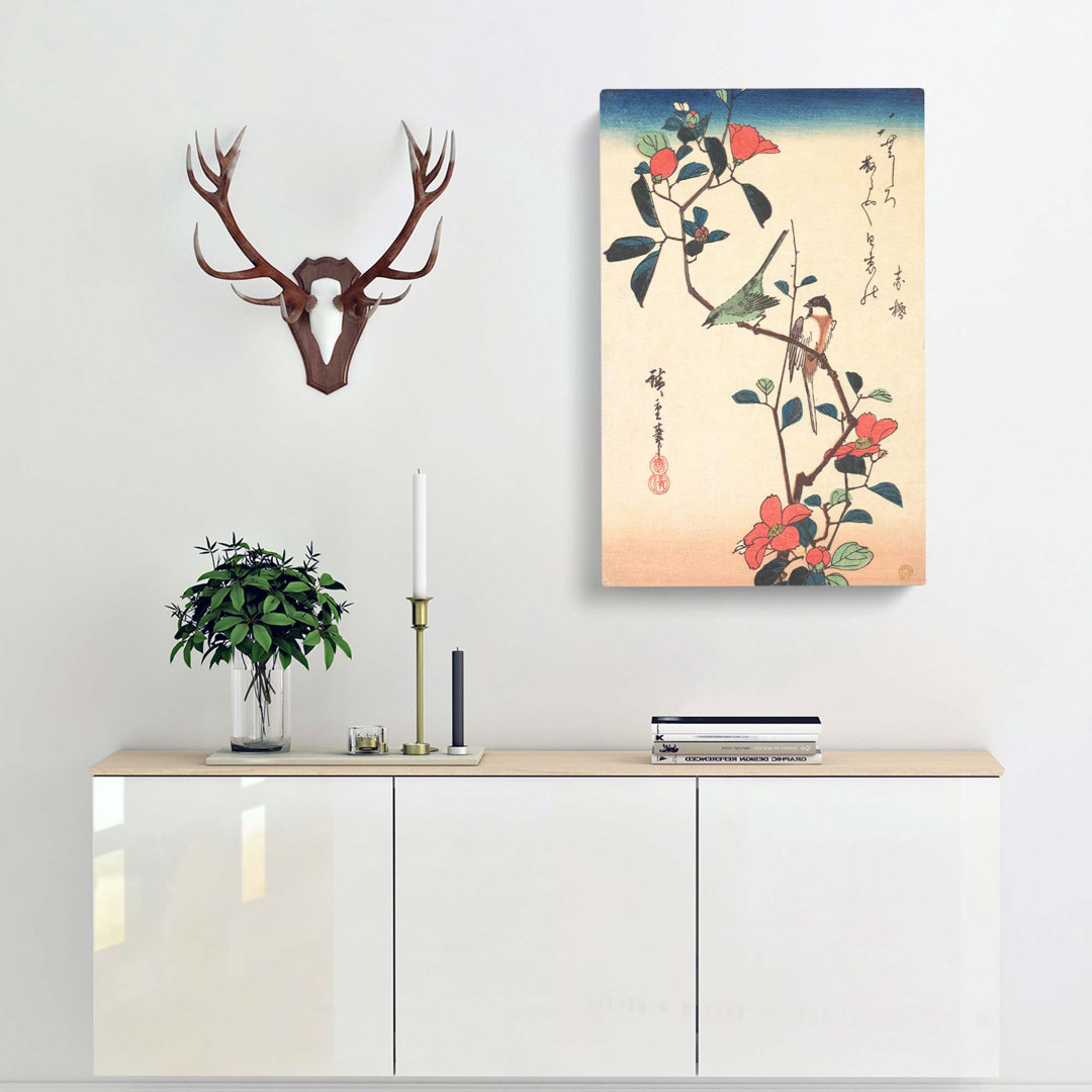 Birds upon a Camellia Branch by Utagawa Hiroshige - Wrapped Canvas