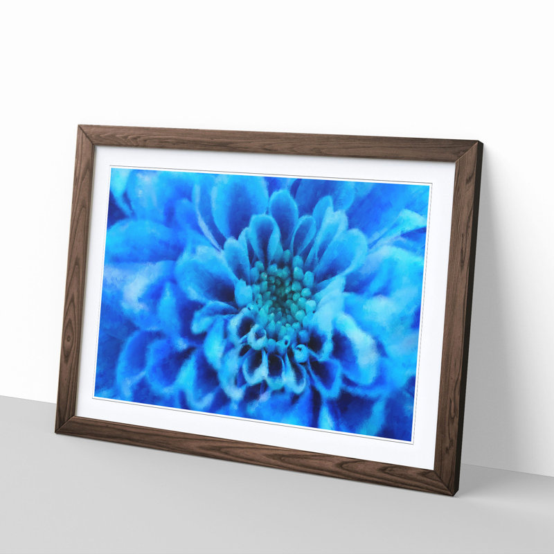 Blue Dahlia Flower Painting - Single Picture Frame Print on MDF, Walnut, 33cm H x 45cm W x 2cm D