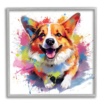Stupell Industries Ba-355-framed Happy Corgi Modern Splatter Framed On Wood By Marybeth Cunningham Print In Farmhouse Gray Framed Giclee
