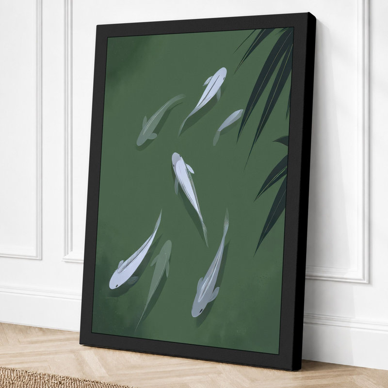 Fish In Dark Waters Japandi - Print, 30x20 - 76.2 x 50.8 cm, Black Border