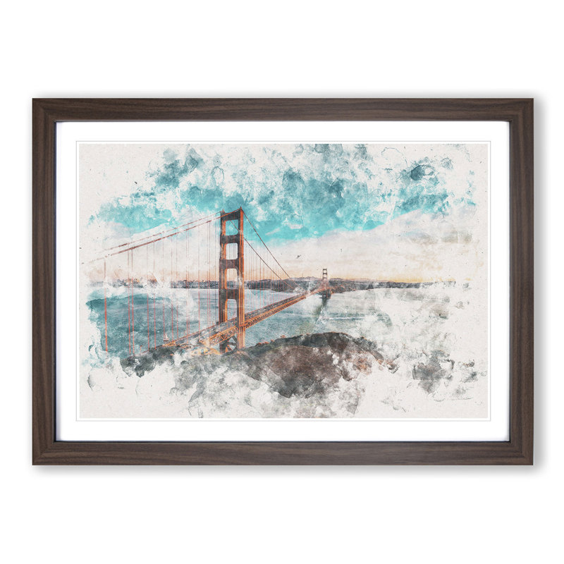 The Golden Gate Bridge in San Francisco Bay Watercolour - Picture Frame Graphic Art Print, 62cm H x 87cm W x 2cm D