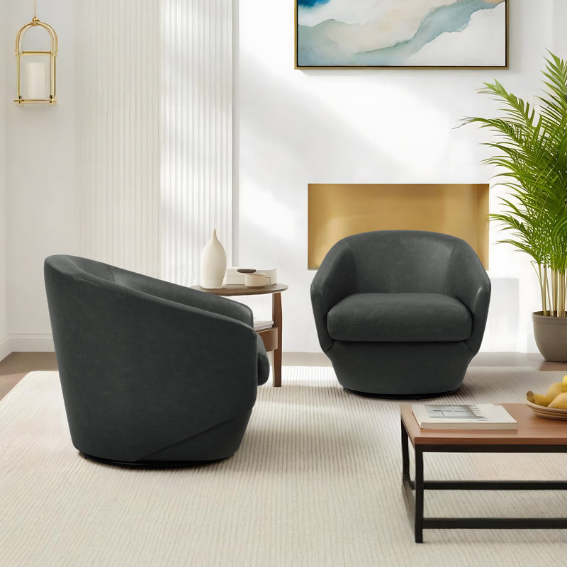 Aunna 76.2Cm Wide Swivel Barrel Chair, Black Faux Leather