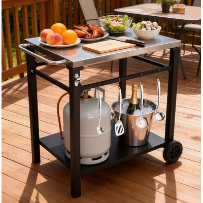 2-Tier Outdoor Grill Cart With Stainless Steel Top, Large Wheels & Tool Hooks, Movable BBQ Prep Table, Rolling Serving Bar Cart For Patio, Backyard, Pizza Oven Stand, Black