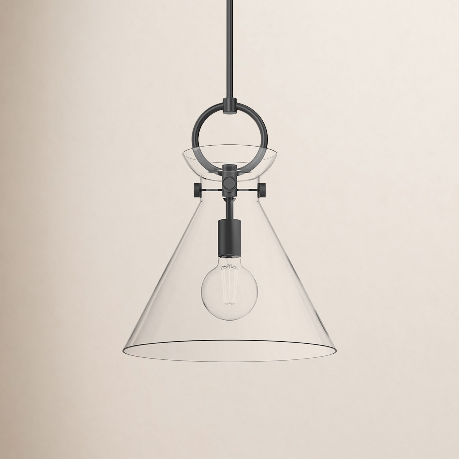 Tiney Single Light Glass Steel Pendant, Matte Black/Clear, 17" H x 14" W x 14" D