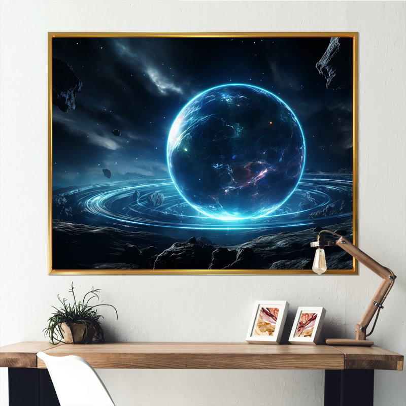 Art mural bleu et noir «Cosmic Plaet I», Cadre flottant doré, H 24 po x l 32 po x P 1 po