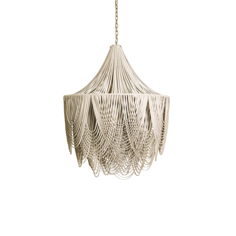 Large Leather Fringe Chandelier w/ Crown, Cream, 35" H x 28" W x 28" D