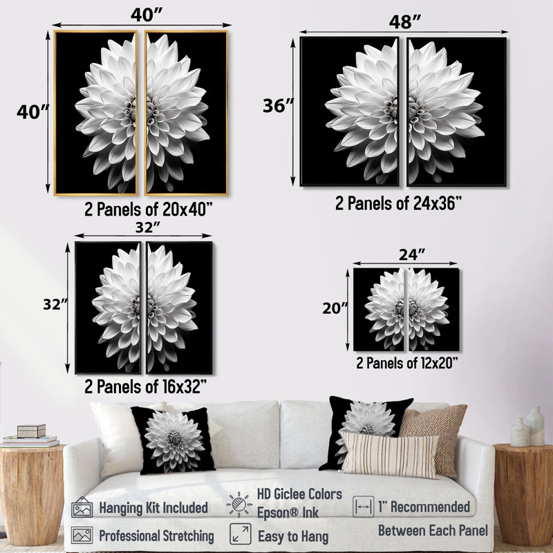 Dahlia en monochrome noir et blanc - grande décoration murale Dahlia, Black, 36" H x 48" W, Impression encadrée flottante