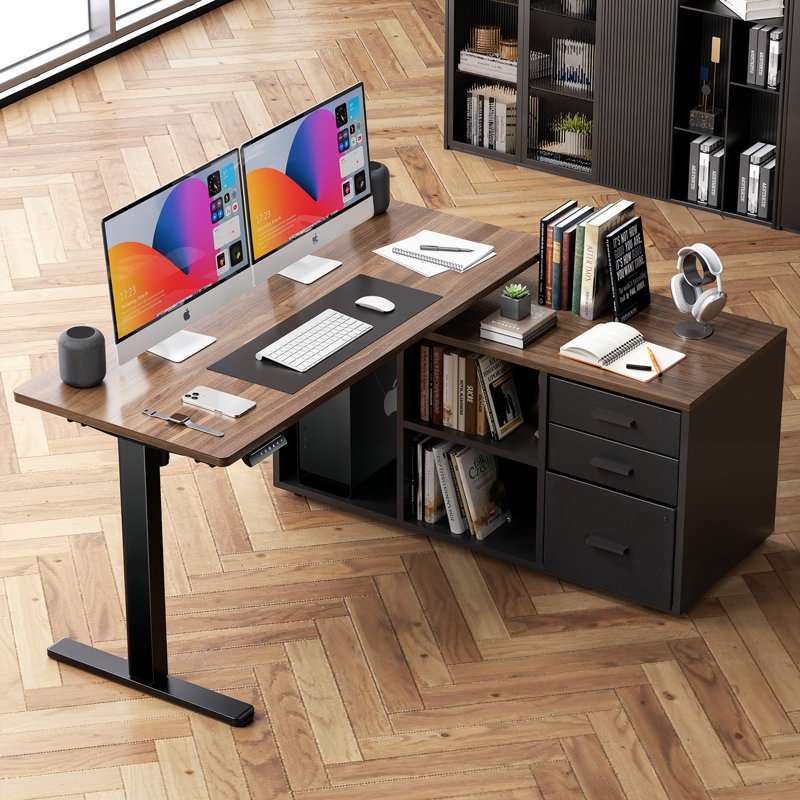 L-Shaped Desk with 4 Memory Presets, Adjustable Height Electric Standing Desk,Ergonomic Executive Computer Desk with File Cabinet, Drawers, and Storage Shelves, Corner Workstation for Home Office