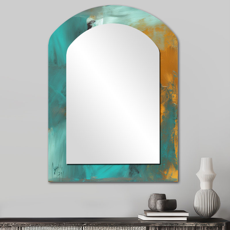 Becoming the Ocean Sun Abstract Teal And Gold - Abstract Painting Asymmetrical Large Mirror, Modern Arch Unique Wall Mirror Decor, Printed Metal Art