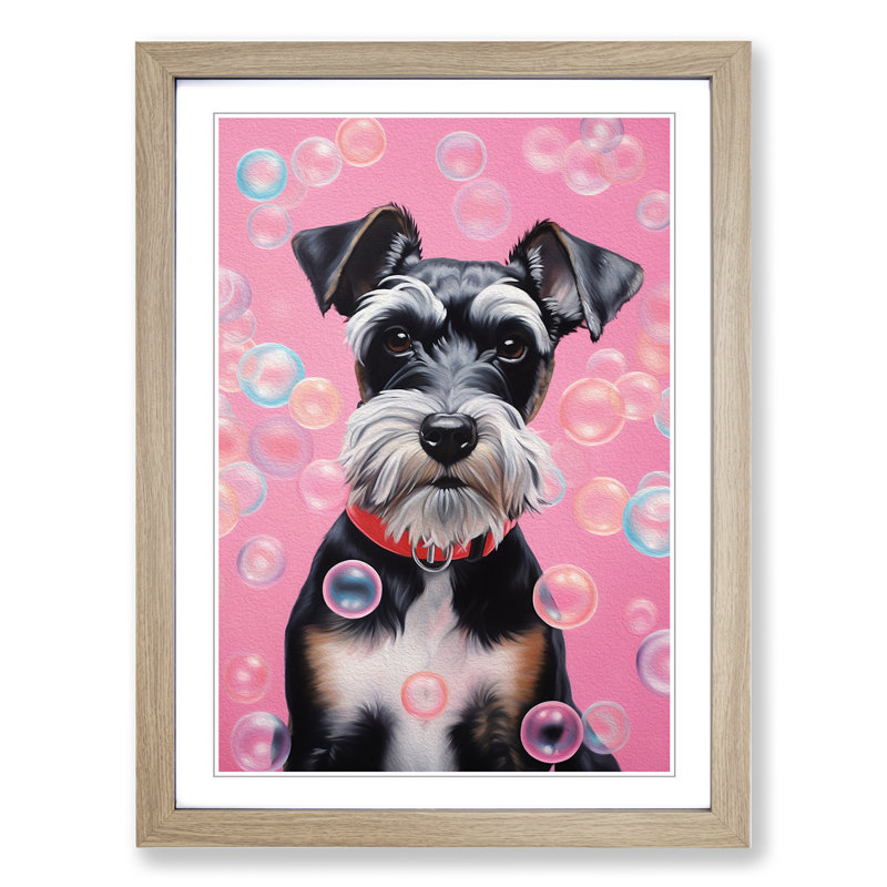Schnauzer Bubble Gum Painting - Single Picture Frame Print on Wood, 64cm H x 46cm W x 2cm D, Oak