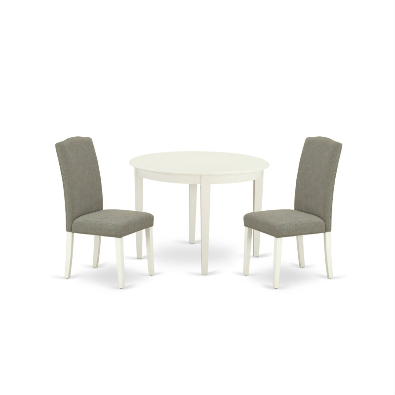 3 Piece Dining Room Furniture Set Contains a Round Kitchen Table and 2 Dark Shitake Linen Fabric Parson Dining Chairs, Linen White