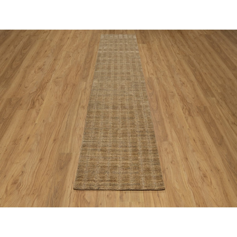2'6"x12' Camel Brown, Vertical Stripes Design with Salt and Pepper Effect, Hand Loomed, Undyed Natural Wool, Runner, Oriental Rug