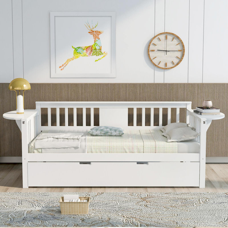 Lit de jour simple en bois avec lit gigogne, Blanc