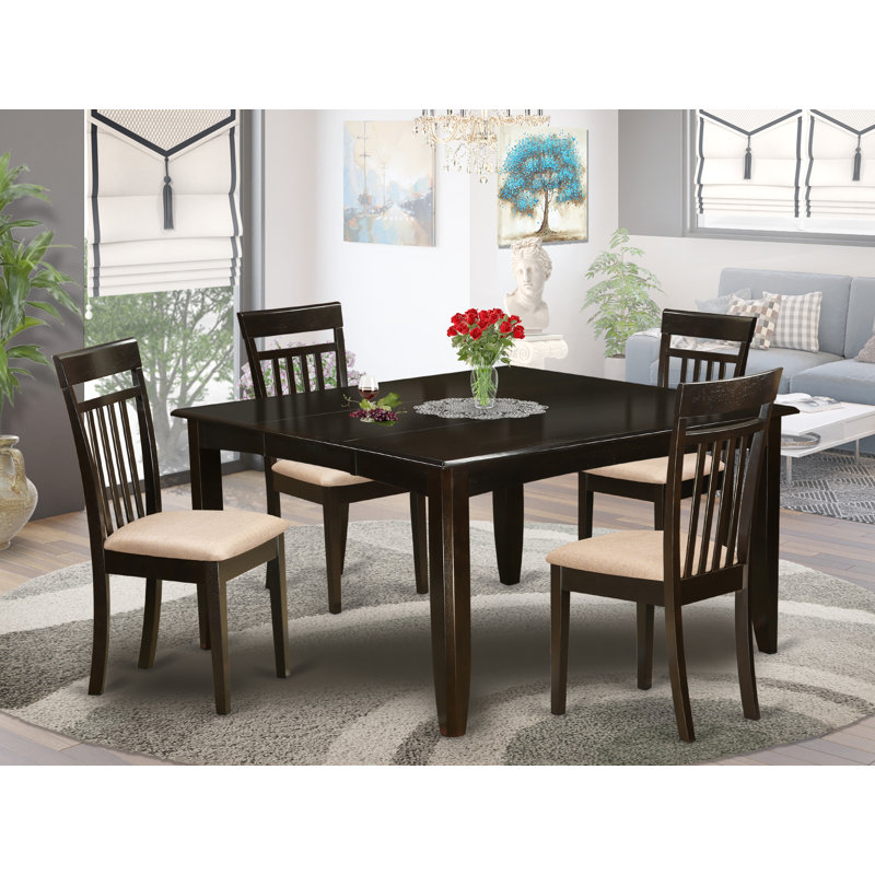 5 Piece Dining Set Includes a Square Dining Table with Butterfly Leaf and 4 Linen Fabric Kitchen Room Chairs, Cappuccino
