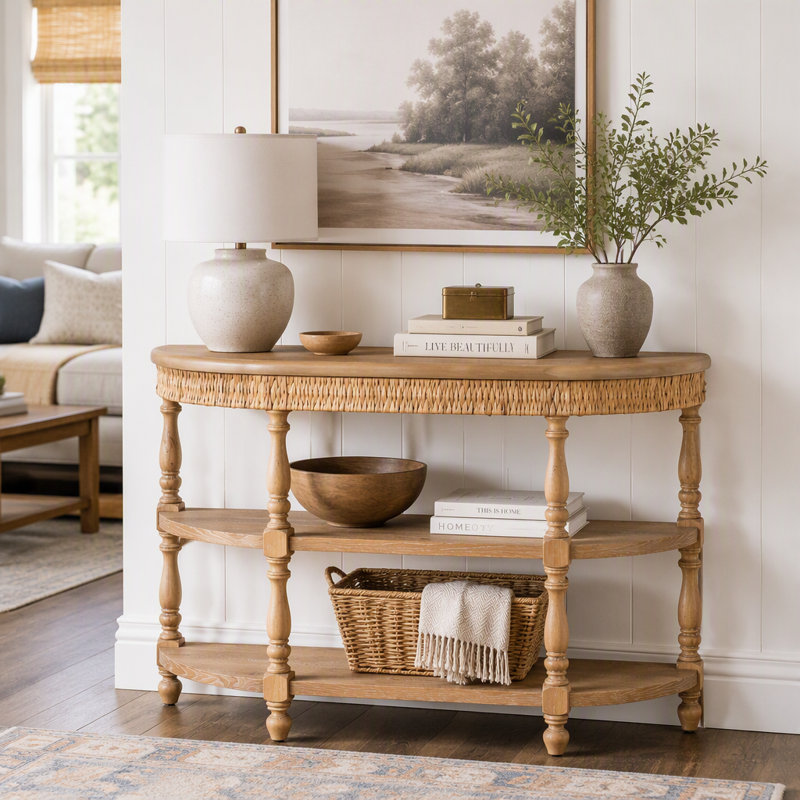 Console avec garniture tissée à la main, étagères de rangement à 3 niveaux, table d'entrée ovale avec pieds sculptés