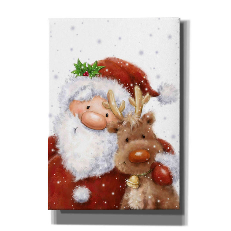 «Santa and Reindeer 4» par Makiko, art mural sur toile, H 26 po x l 18 po x P 0,75 po