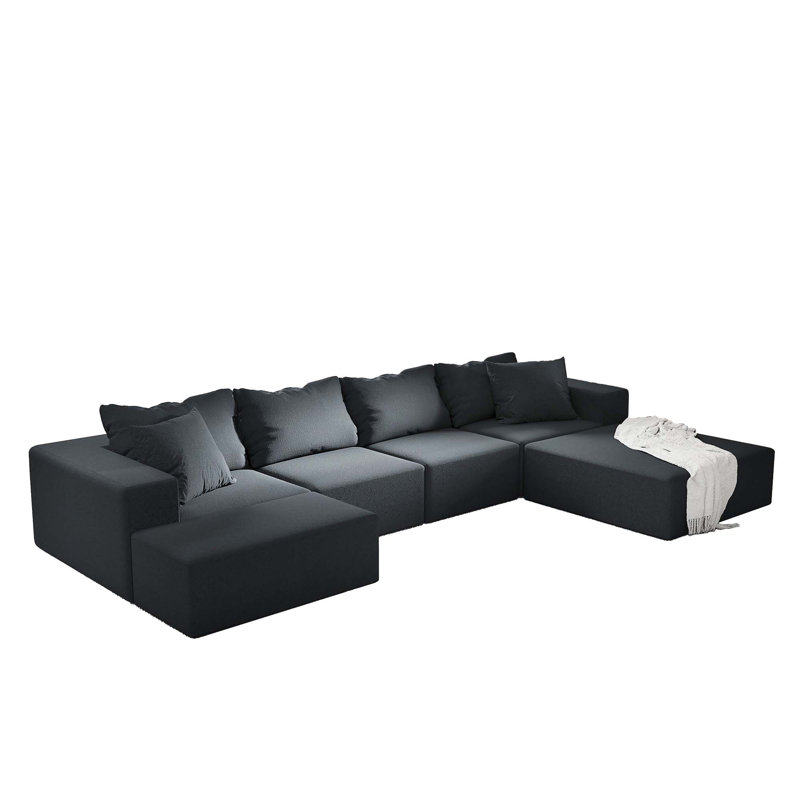 Modern Upholstered Boneless Sectional Sofa Couch Set,Modular Shaped Sectional Living Room Sofa Set, Black Chenille