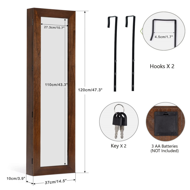 Armoire à bijoux rétro avec miroir, serrure, fixation réglable, parfaite pour les femmes, Brun foncé