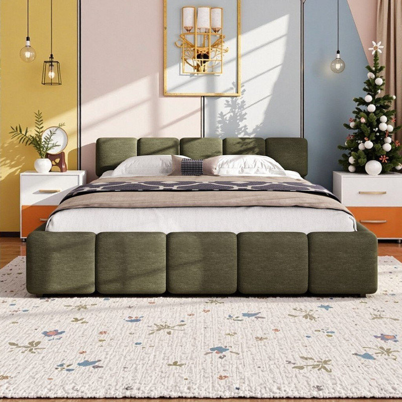 King Size Platform Bed with Thick Linen Headboard and Footboard Block Style Upholstered Grounded Design, King, Green