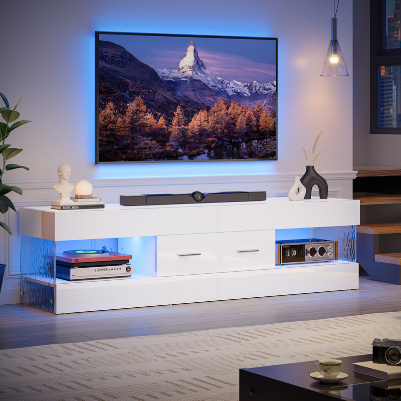 Kruszewski 60 inch  Glossy TV Stand Fits TV Up to 65 inch with Drawer and LED Light Stone Grain Media Console, White