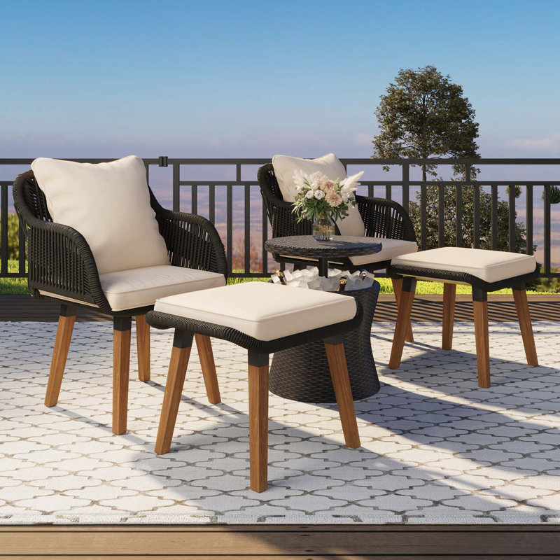 Ensemble de chaises de patio 5 pièces, ensemble de conversation avec table de bar en osier, repose-pieds, ensemble bistro d'extérieur pour porche, jardin, balcon, bord de piscine noir et beige