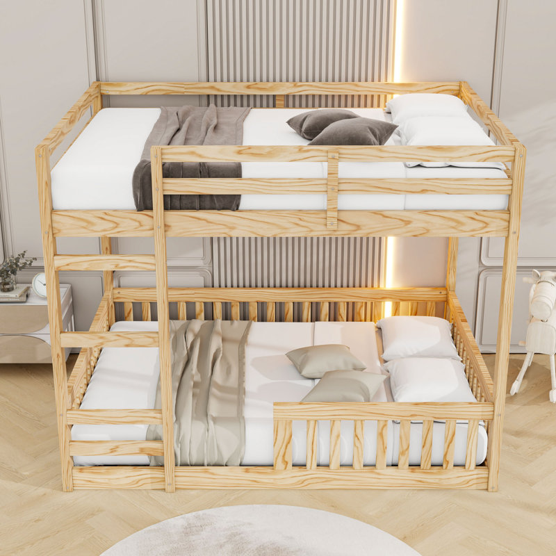 Lit superposé double en bois avec garde-corps, Naturel