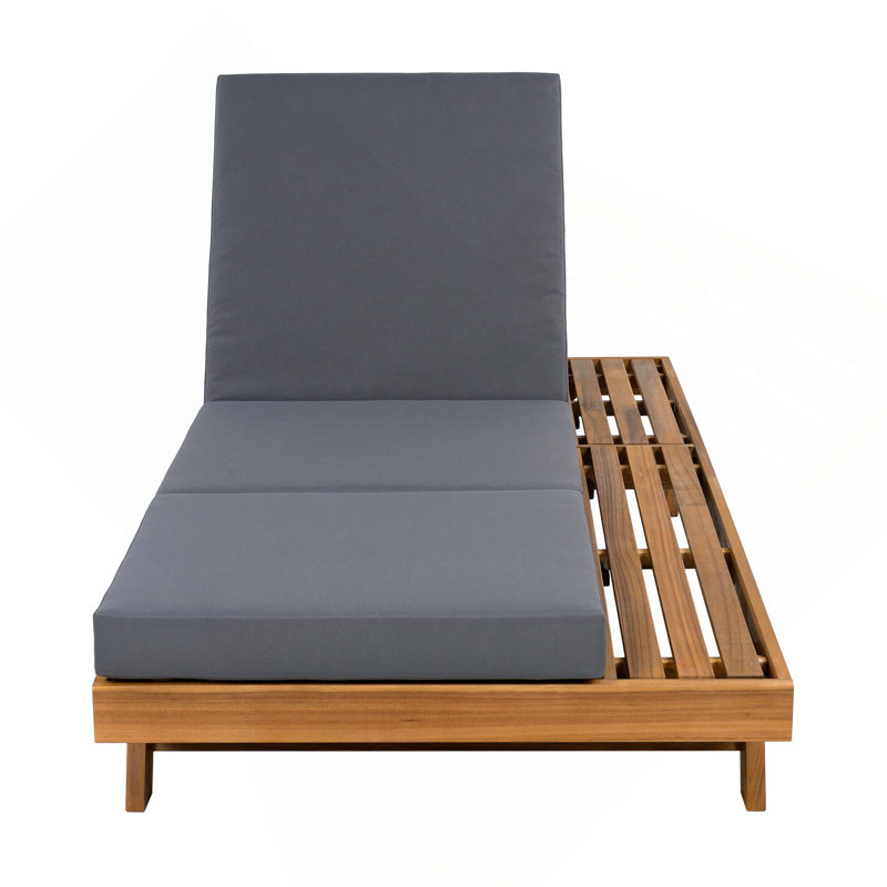 Acacia Wood Lounge Chaise Set With 4-Inch 3-Fold Water-Resistant Lounge Cushions, Space Available On One Side, Dark Gray