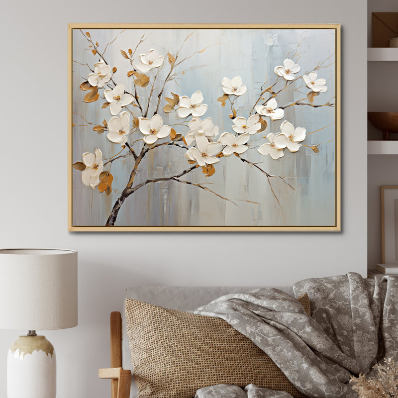 Paix blanche et grise blanche - reproduction sur toile, Cadre naturel flottant, H 34 po x l 44 po x P 1,5 po
