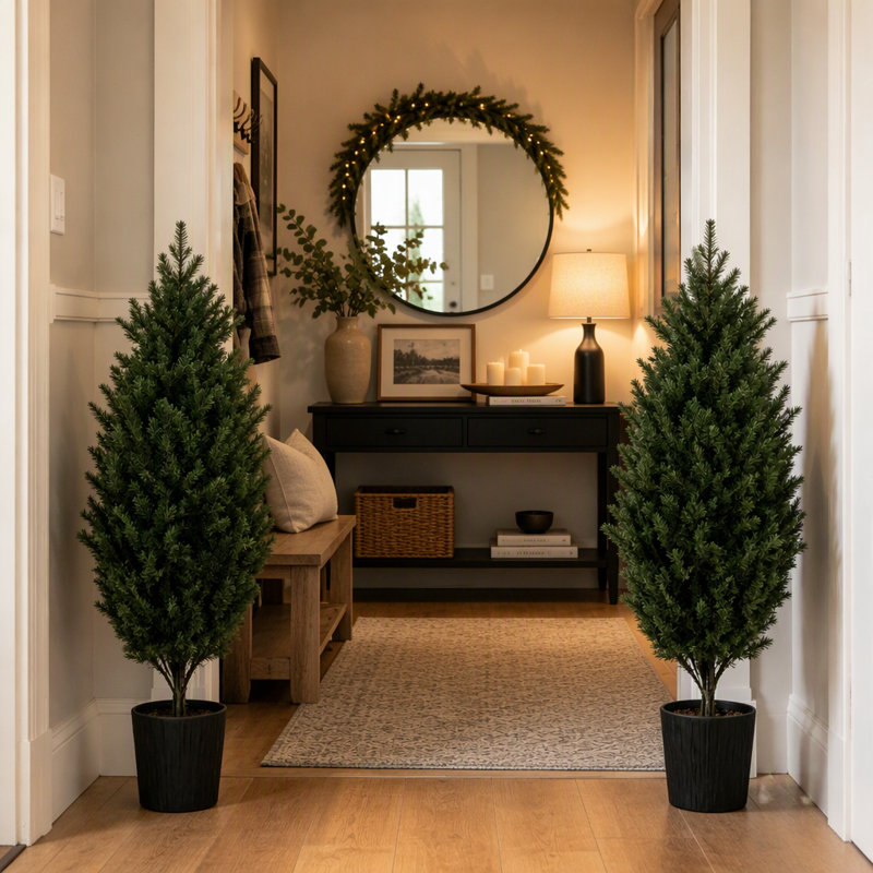 Ensemble de 2 arbres de Noël artificiels en cèdre de 4 pi résistants aux rayons UV, 291 pointes de branches en PE, faux arbre à feuilles persistantes pour la décoration de patio de maison de vacances