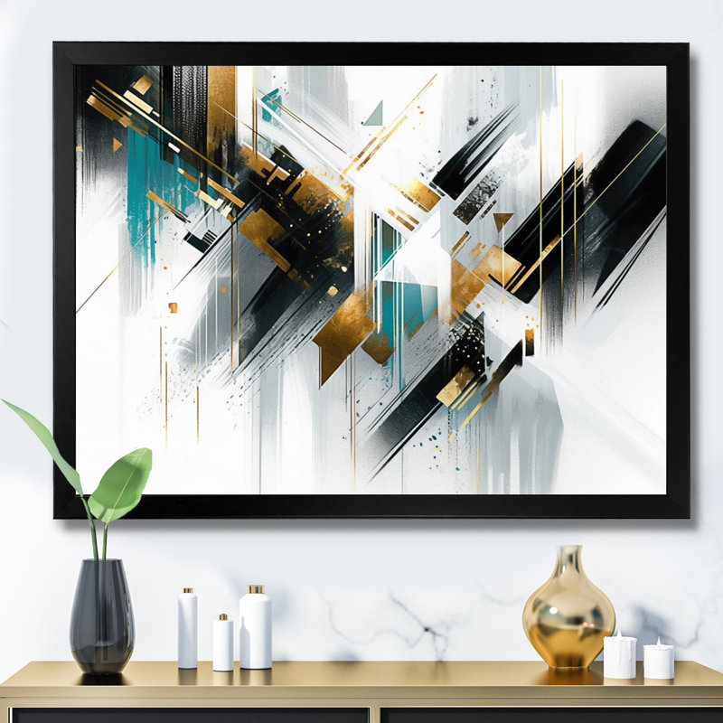 " Teal Gold Cubist Kaleidoscope I ", H 34 po x l 44 po x P 1,5 po, Cadre photo noir