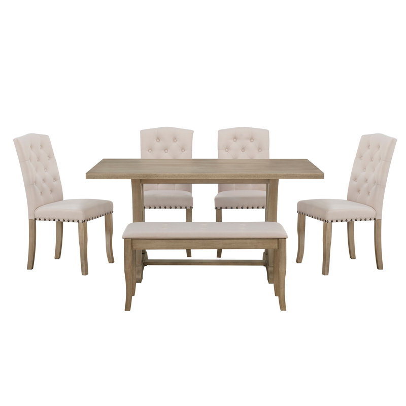 Ensemble de table de salle à manger 6 pièces, table à tréteaux rectangulaire, 4 chaises rembourrées et banc pour la salle à manger