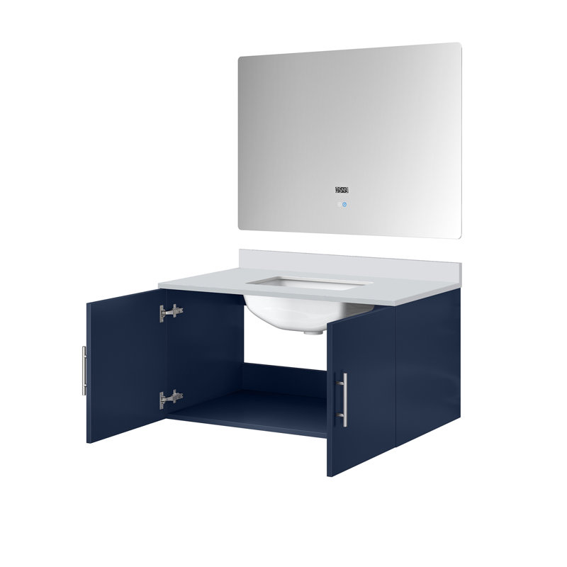 Meuble-lavabo de salle de bain 36 po X P 22 po P, comptoir en quartz et Miroir à DEL, Blanc lustré, Blanc lustré