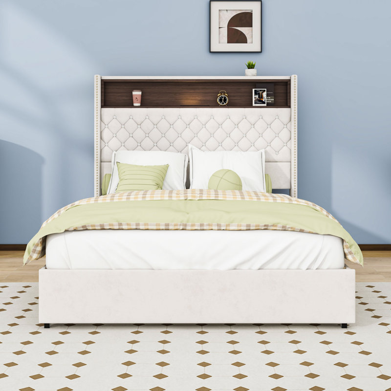 Upholstered Platform Bed with USB Port, Storage Headboard and Light, Beige, Full