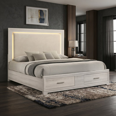 Liora LED Upholstered Platform Bed with Lighted Headboard, Footboard Drawers, and Contemporary Style