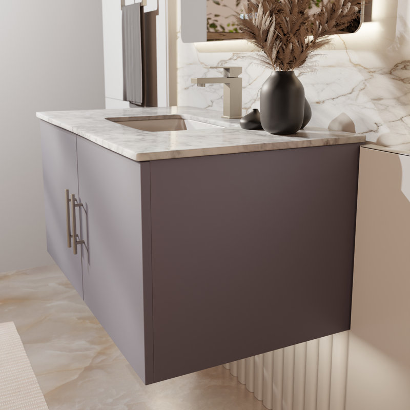 Meuble-lavabo simple 24 po avec plateau Geneva, Marbre de Carrare blanc, Gris foncé