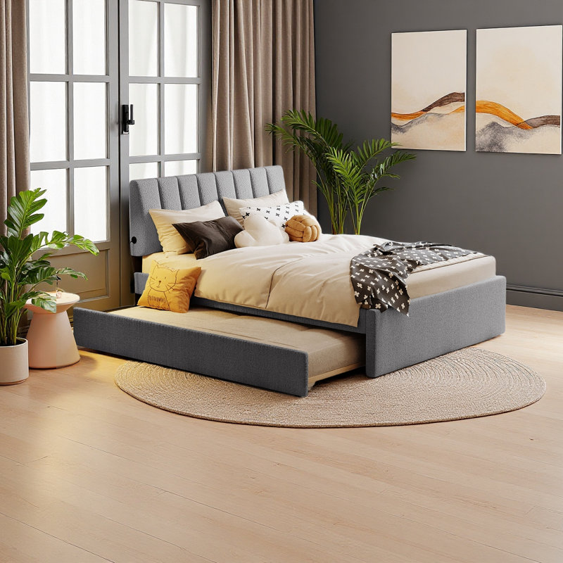 Lit plateforme tapissier Teddy, Gris, Lit double