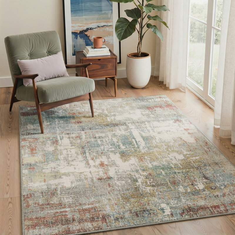 Pavelina Abstract Machine Washable Mosaic / Ivory White Indoor Area Rug With Non-Slip Backing, Round 4'2"