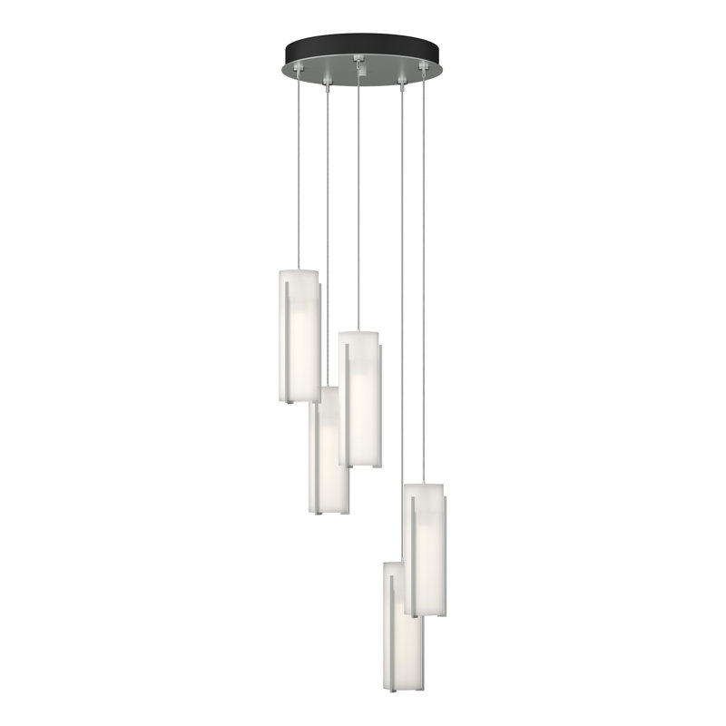 Luminaire suspendu cylindrique à 5 lumières Exos, Standard: 13 po à 80 po, Verre opale, Platine rétro
