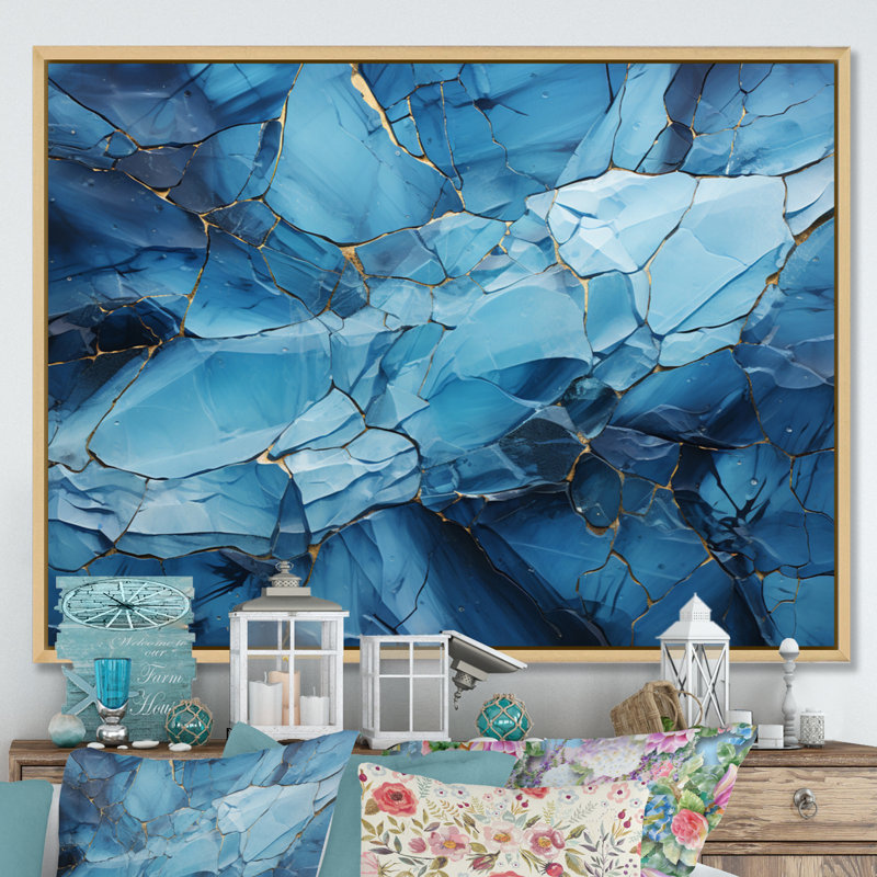 Raheema " Glacier Glacial Majesty Geometric II ", H 24 po x l 32 po x P 1 po, Cadre naturel flottant