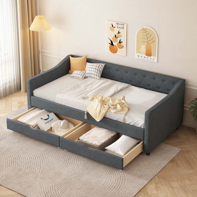 Upholstered Tufted Daybed with Drawers, Twin, Dark Grey