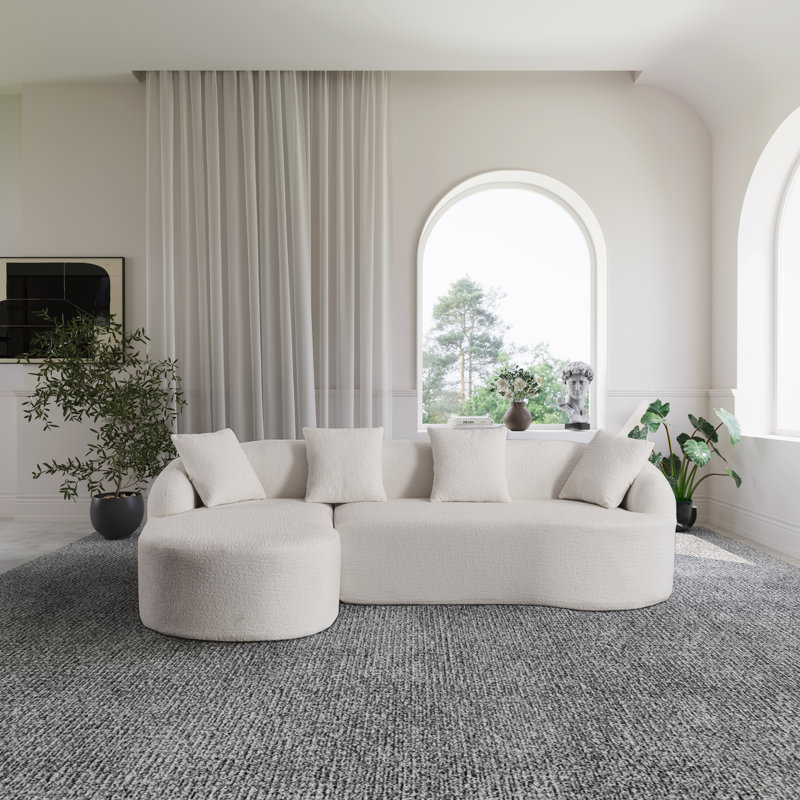 2-piece Boneless L-shaped Sectional Sofa With Curved Design And Left-facing Chaise, White Chenille