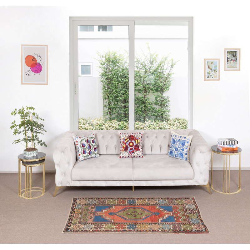 Tapis turc rétro coloré en laine de style tribal noué à la main