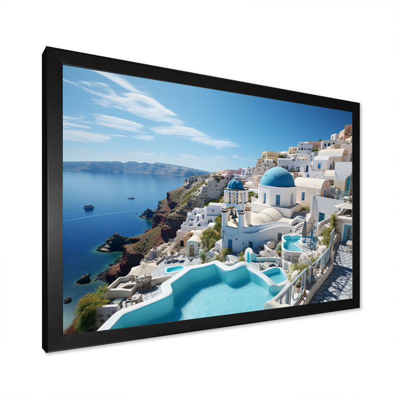 Grèce «Santorini Dreams I», art mural grand de Grèce, Cadre simple noir, H 12 po x l 20 po x P 1 po