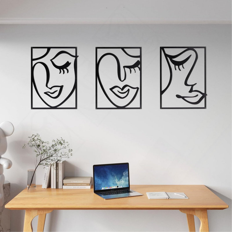 Ensemble de 3 décorations murales, dessin au trait abstrait, cadre métallique noir
